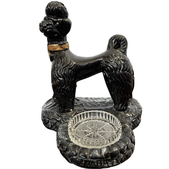 Chalkware Poodle Ashtray Large Black Dog Trinket Vtg Mid Century Kitschy READ - Picture 1 of 16